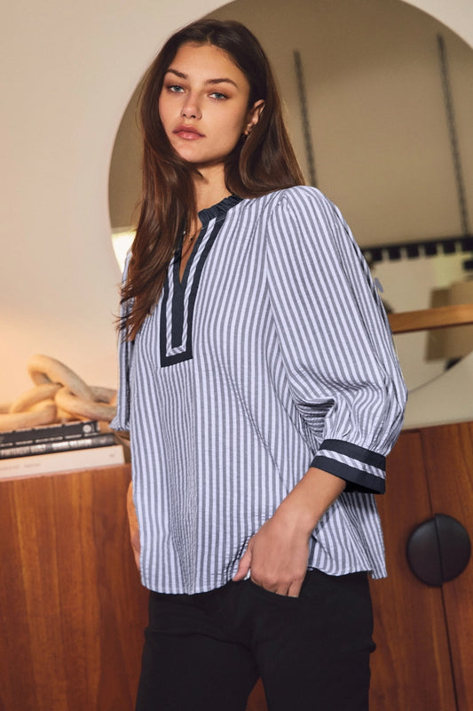 Striped Notched Neck Woven Blouse