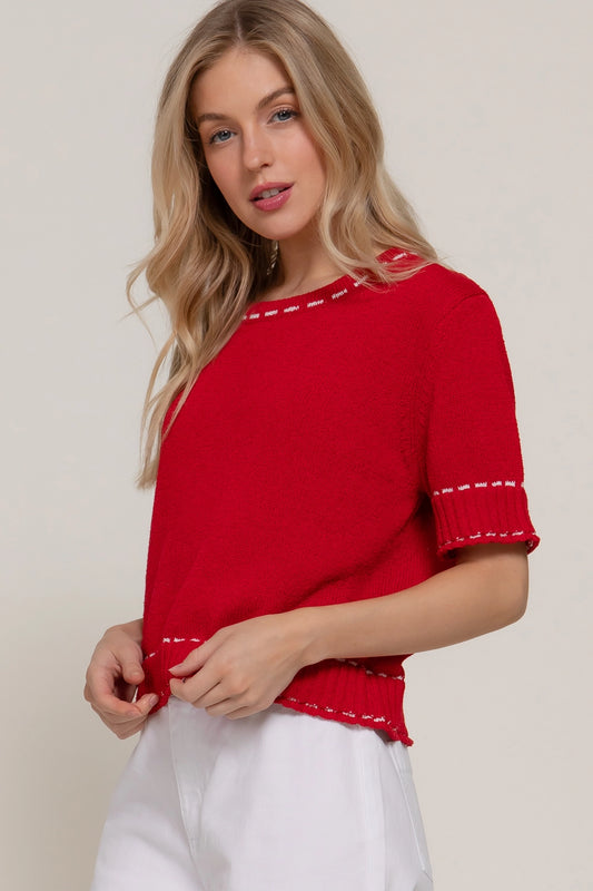 Short Sleeve Round Neck Sweater with Contrast Color Stitch