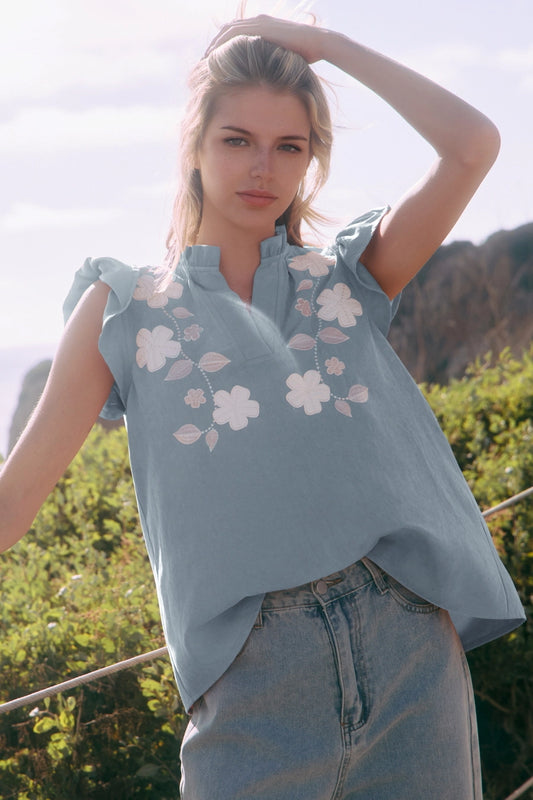 Embroidered Ruffle Sleeve Woven Top