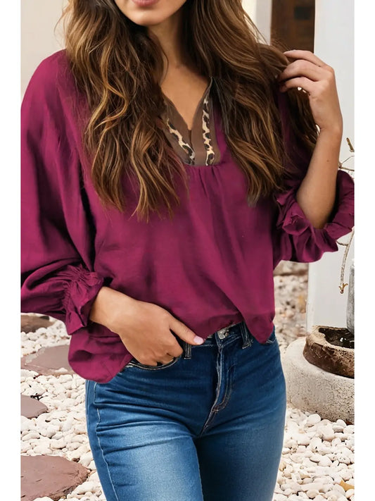 Leopard Trim Notched Blouse