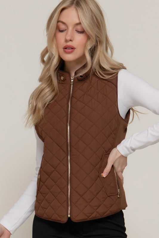 Suede Piping Detail Rib Quilted Padding Vest