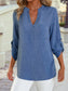 Solid Notched V-Neck Roll Tab 3/4 Sleeve Blouse