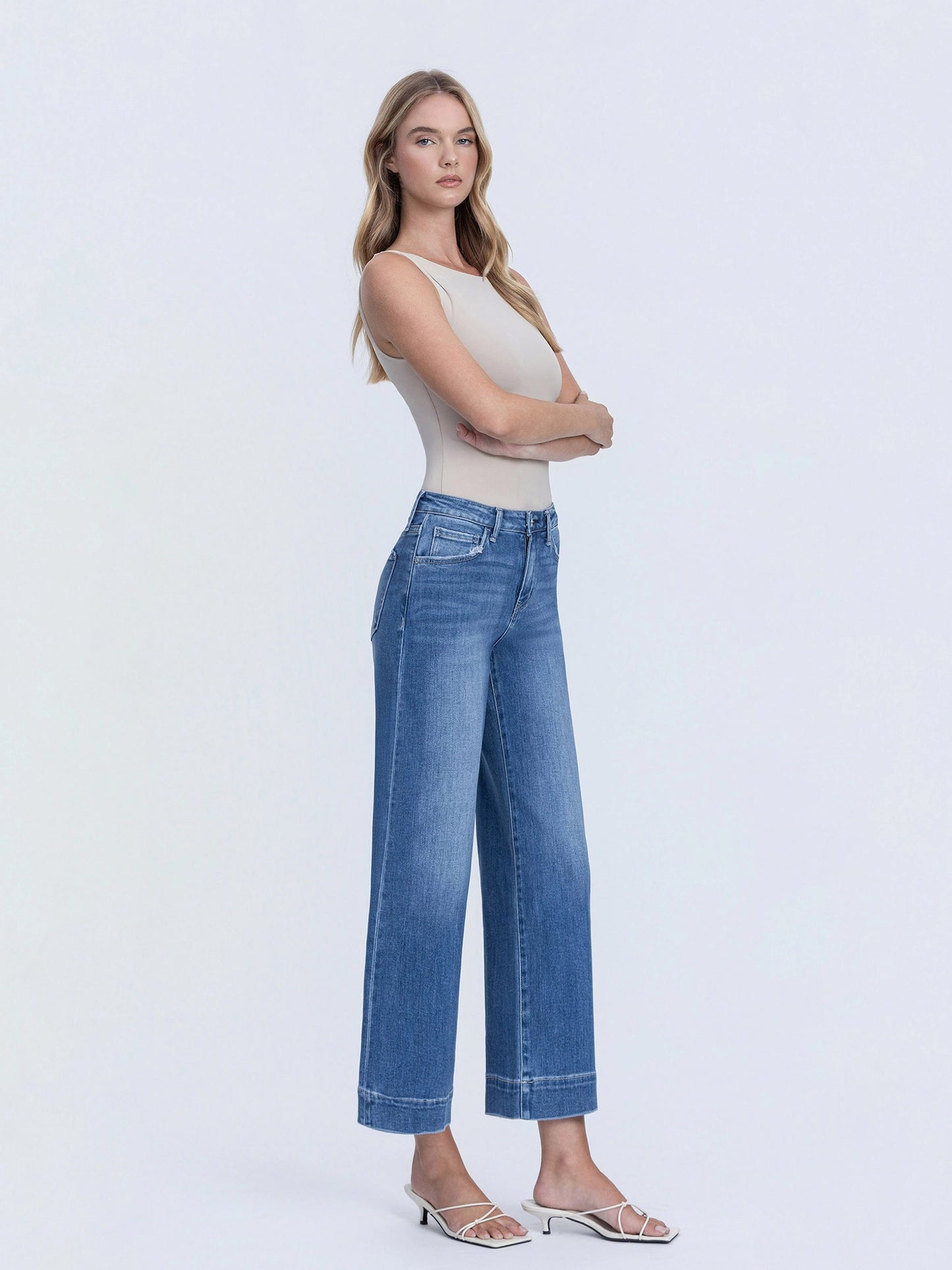 Side View Flying Monkey Medium Dark Wash High Rise Crop Wide Leg Jeans