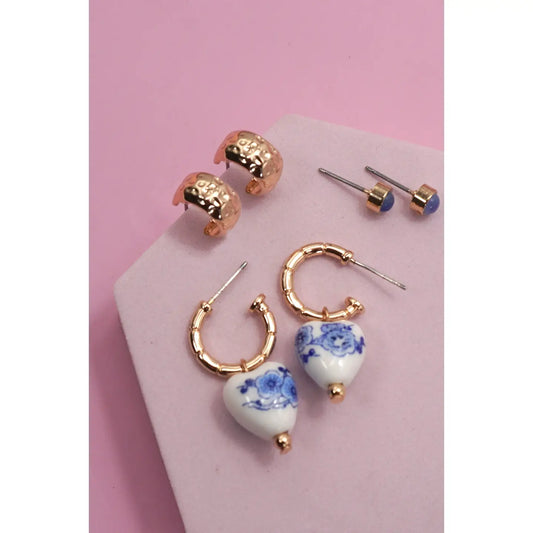 Blue Ceramic Porcelain Trio Earring Set