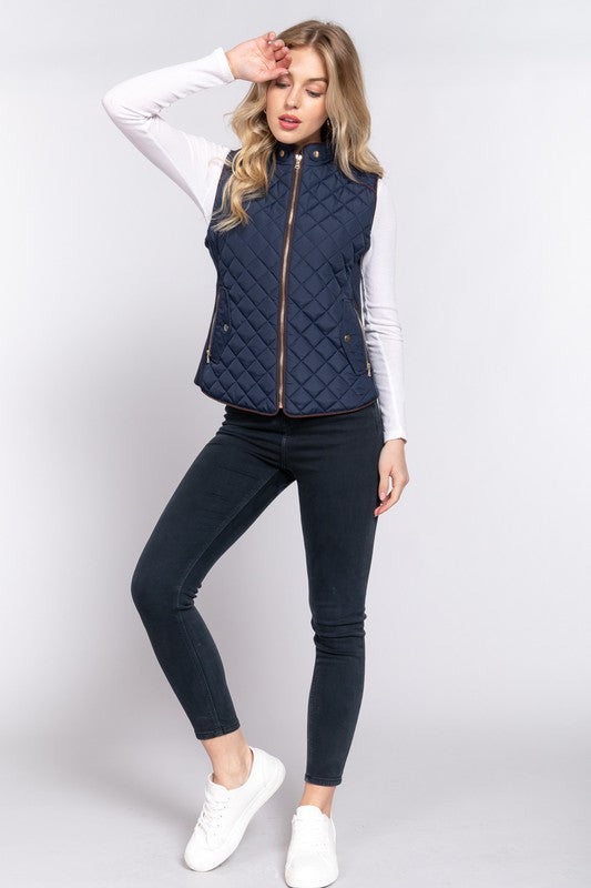 Suede Piping Detail Rib Quilted Padding Vest