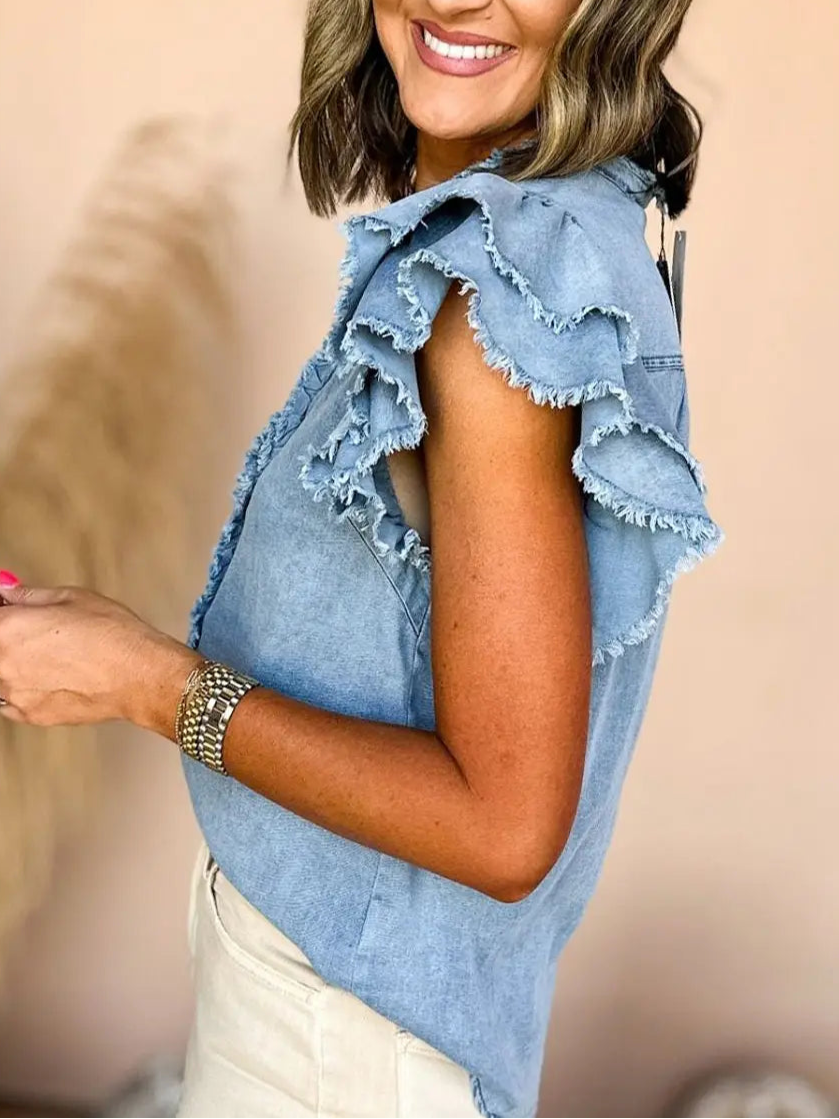 Button Front Denim Ruffle Sleeve