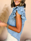 Button Front Denim Ruffle Sleeve