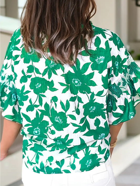 Green Floral Print Ruffle Sleeve
