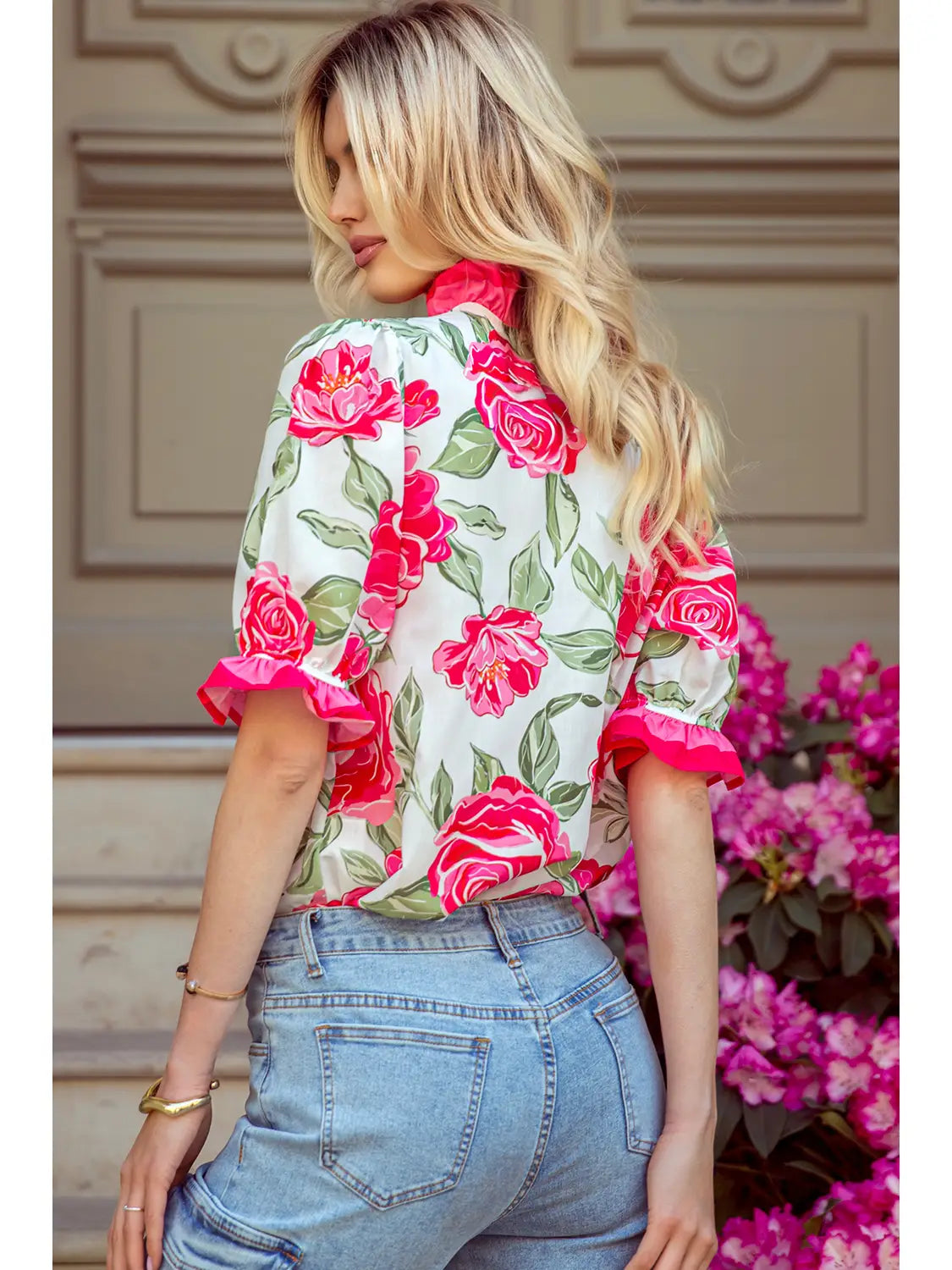 Bold Floral Print Ruffle Sleeve
