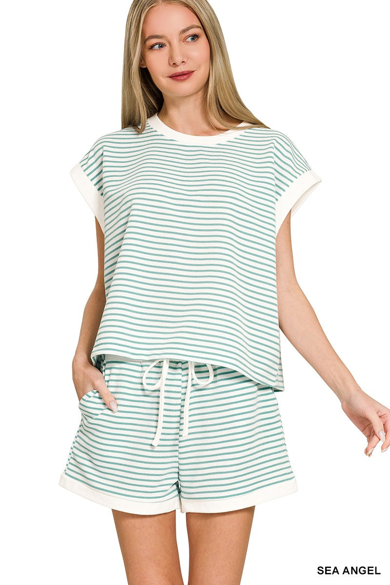 Striped Contrast Trim Short Set in Sea Angel Green