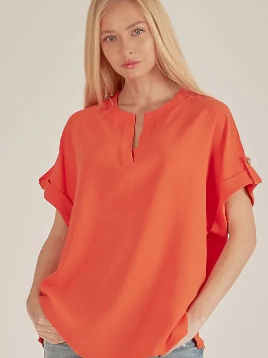 Orange Button Sleeve Loose  Fit Top