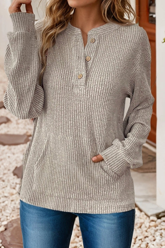 Ribbed Texture Drop Shoulder Henley Knit Top