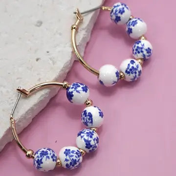 Blue Ceramic Porcelain Hoop Earrings