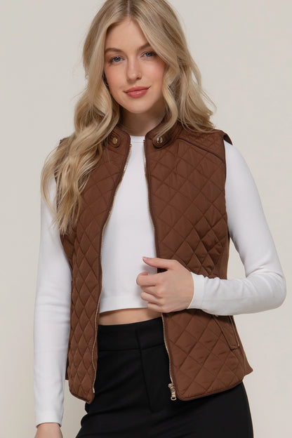 Suede Piping Detail Rib Quilted Padding Vest