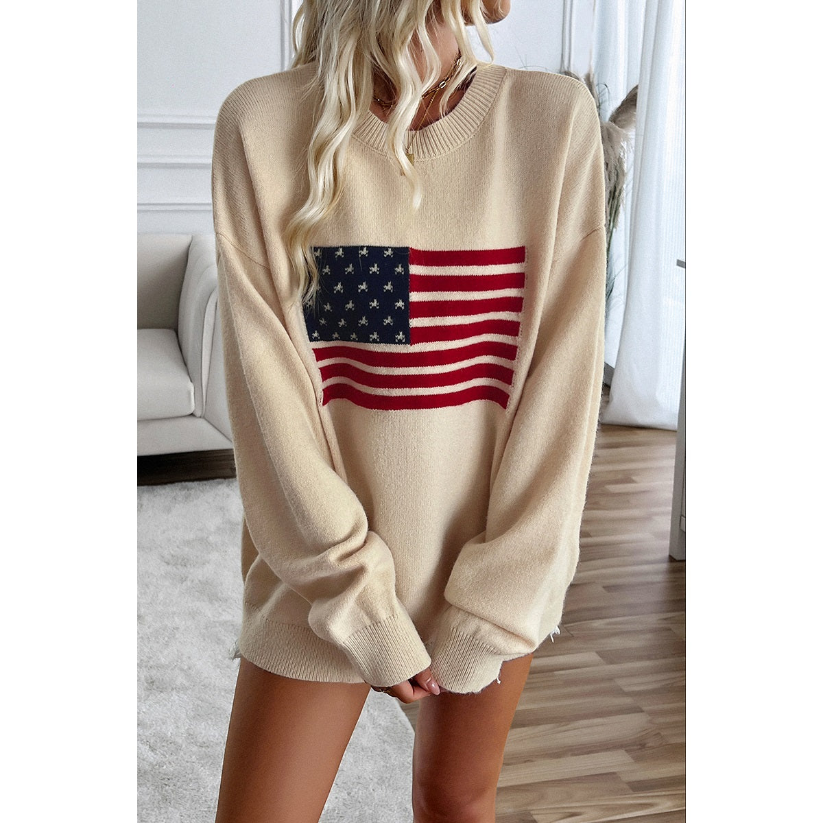 Knit Flag Print Loose Neck Sweater