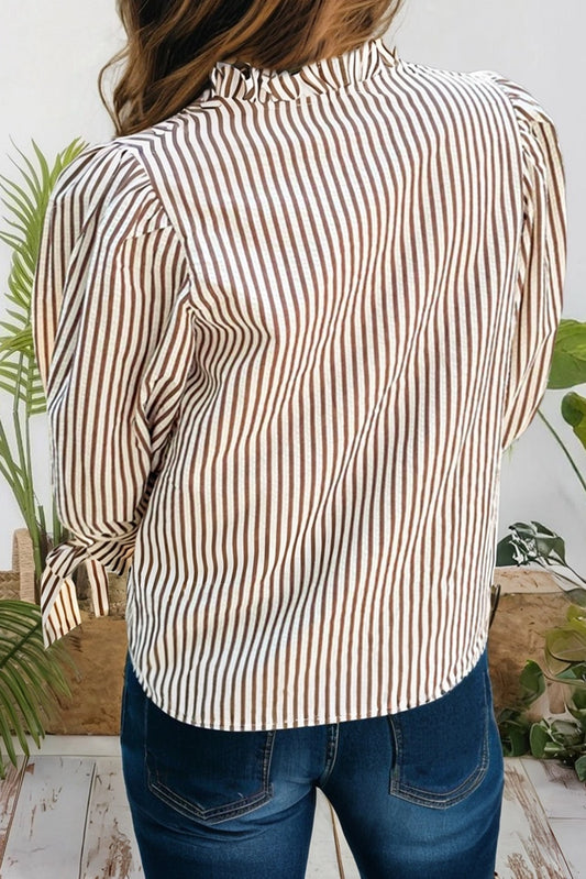 Striped Frill V Neck Knot Bracelet Sleeve Blouse