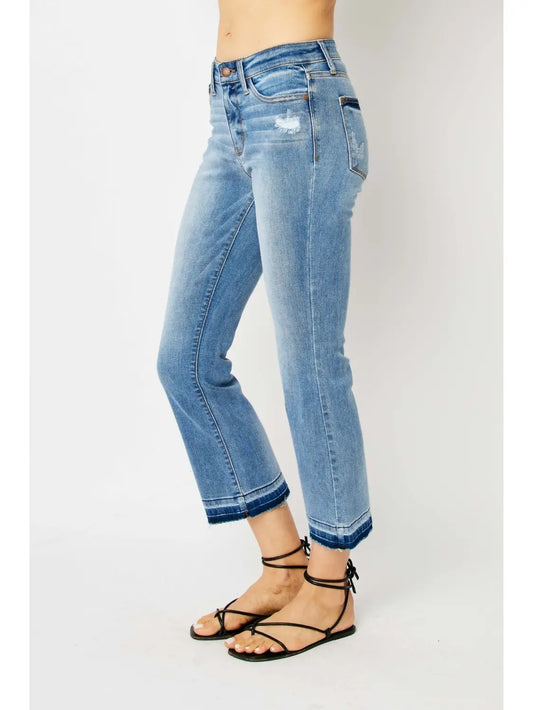 Side View Judy Blue Mid-Rise Release Hem Cropped Bootcut