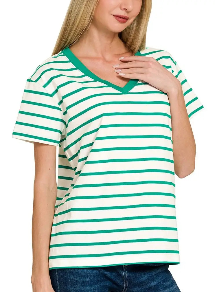 Green Striped V-Neck Tee