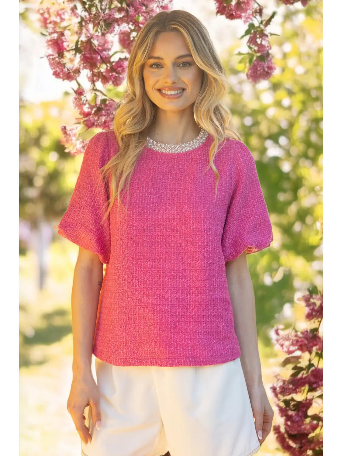 Pearl Trimmed Bubble Sleeve Tweed