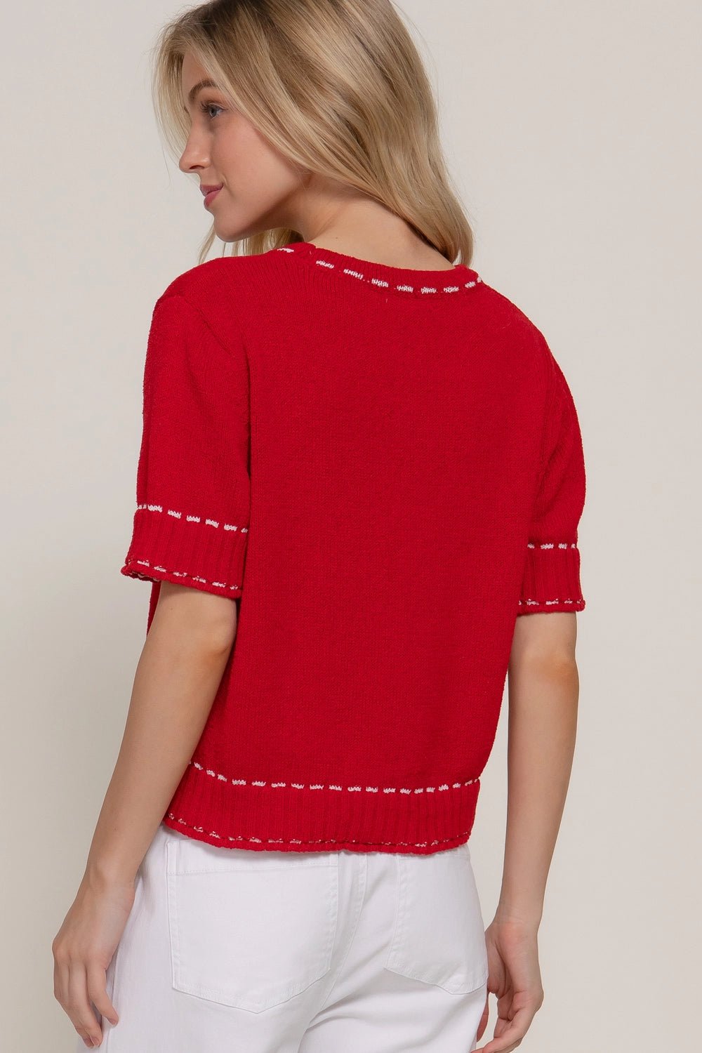 Short Sleeve Round Neck Sweater with Contrast Color Stitch