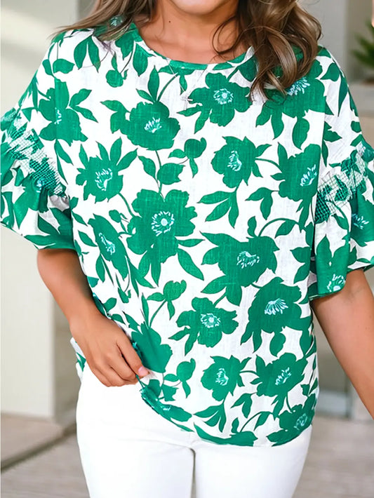 Green Floral Print Ruffle Sleeve