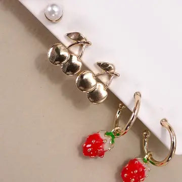 Strawberry Cherry Fruit Trio Earring Set