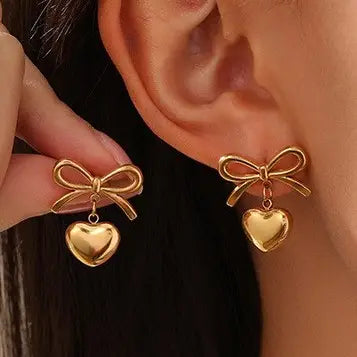 18K Stainless Steel Bow Heart Earrings
