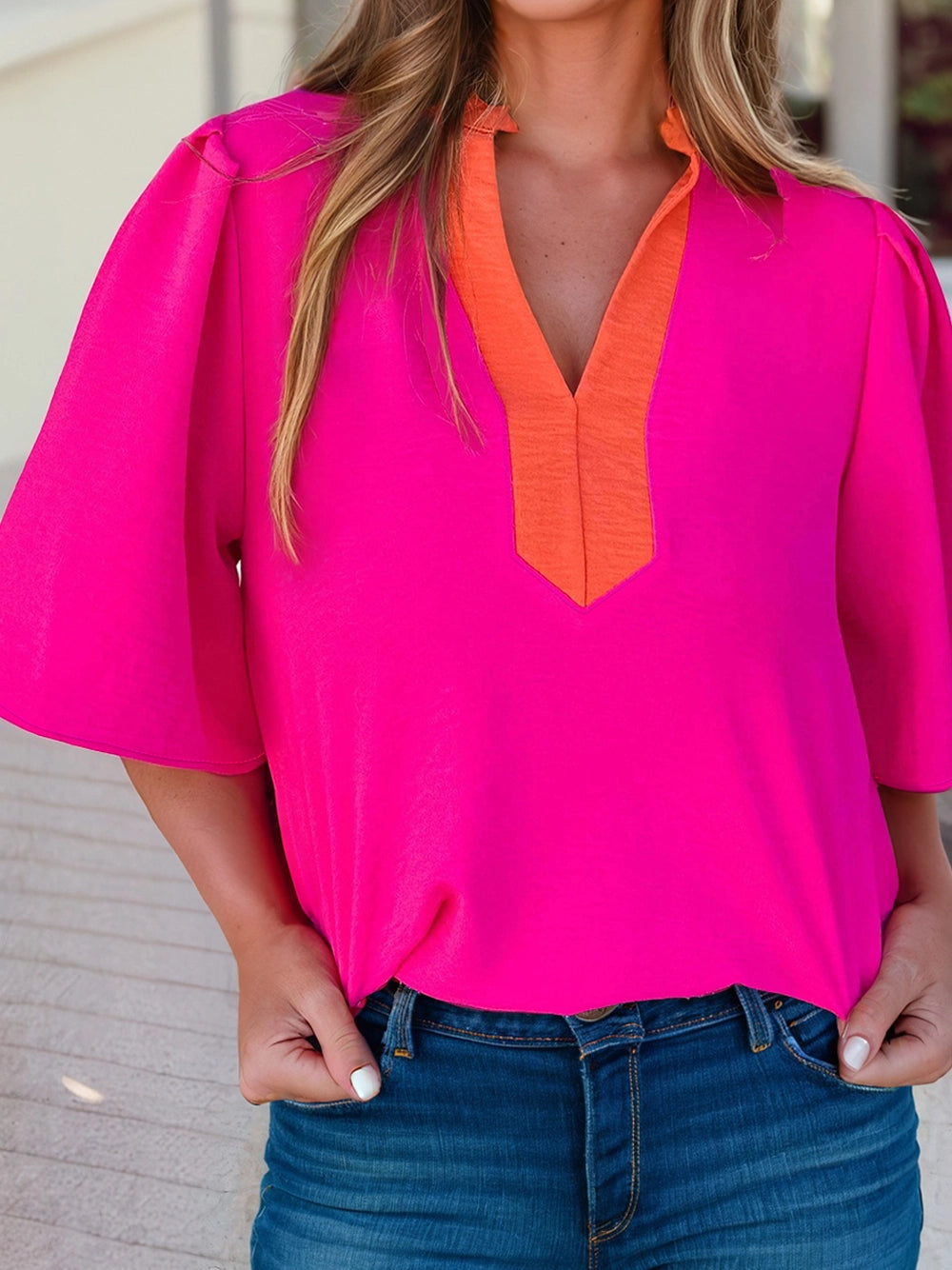 Contrast V Neck Colorblock Wide Short Sleeve Blouse