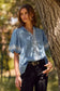 Blue Embroidered Short Bubble Sleeve Blouse 