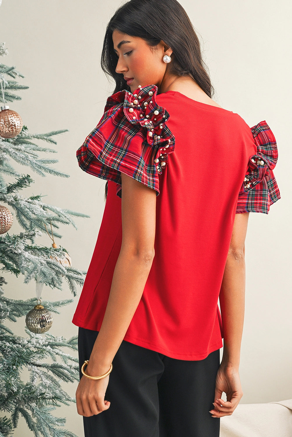 Plaid Pearl Ruffle Top
