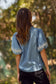 Back View Blue Embroidered Short Bubble Sleeve Blouse 