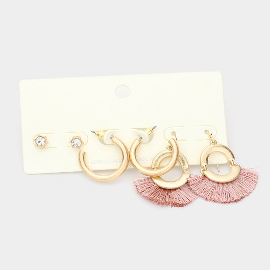 3Pairs - Round Stone Metal Hoop Tassel Fringe Earrings