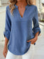 Solid Notched V-Neck Roll Tab 3/4 Sleeve Blouse