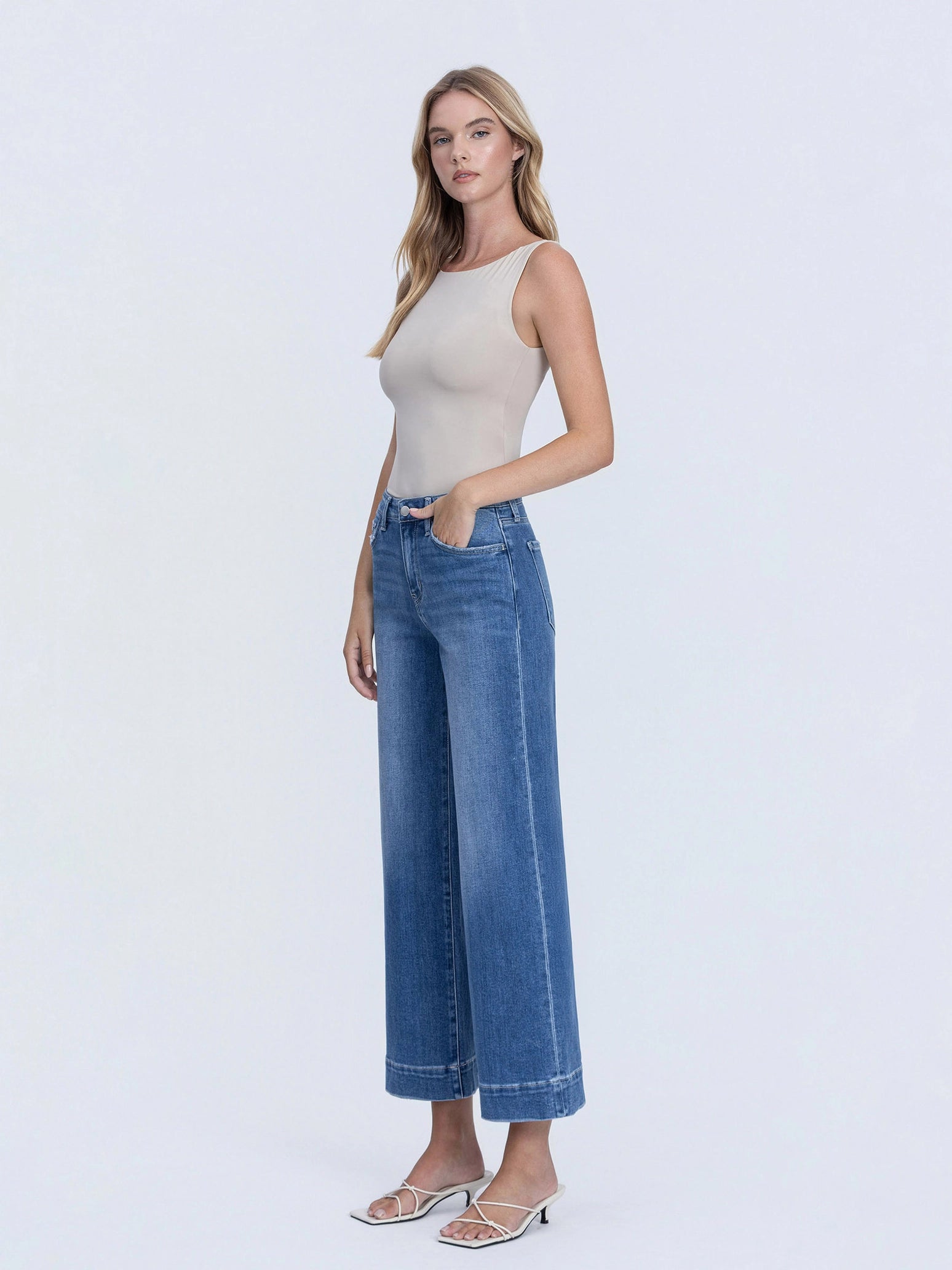 Side View Flying Monkey Medium Dark Wash High Rise Crop Wide Leg Jeans