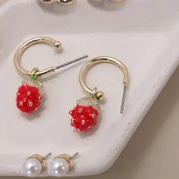 Strawberry Cherry Fruit Trio Earring Set