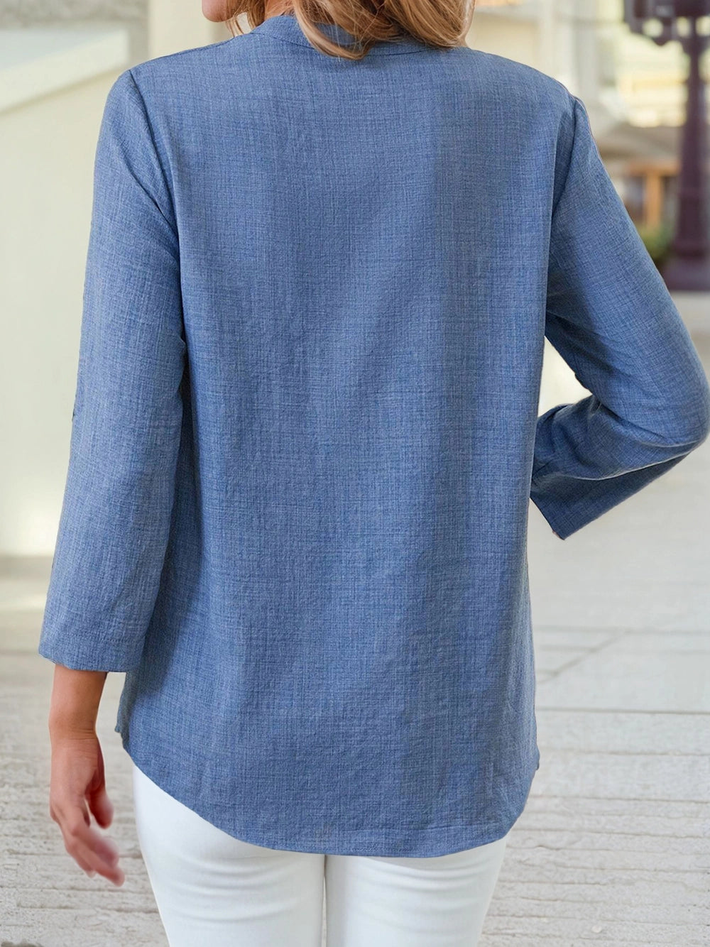 Back View Solid Notched V-Neck Roll Tab 3/4 Sleeve Blouse