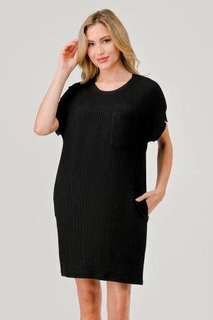 Black Wavy Rib Pocket Dress