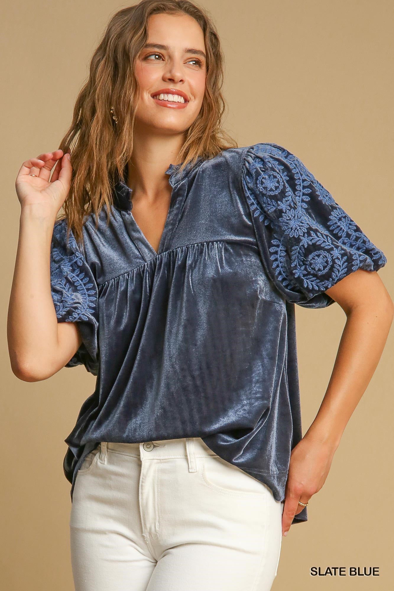 Velvet Wishes Embroidered Sleeve Top