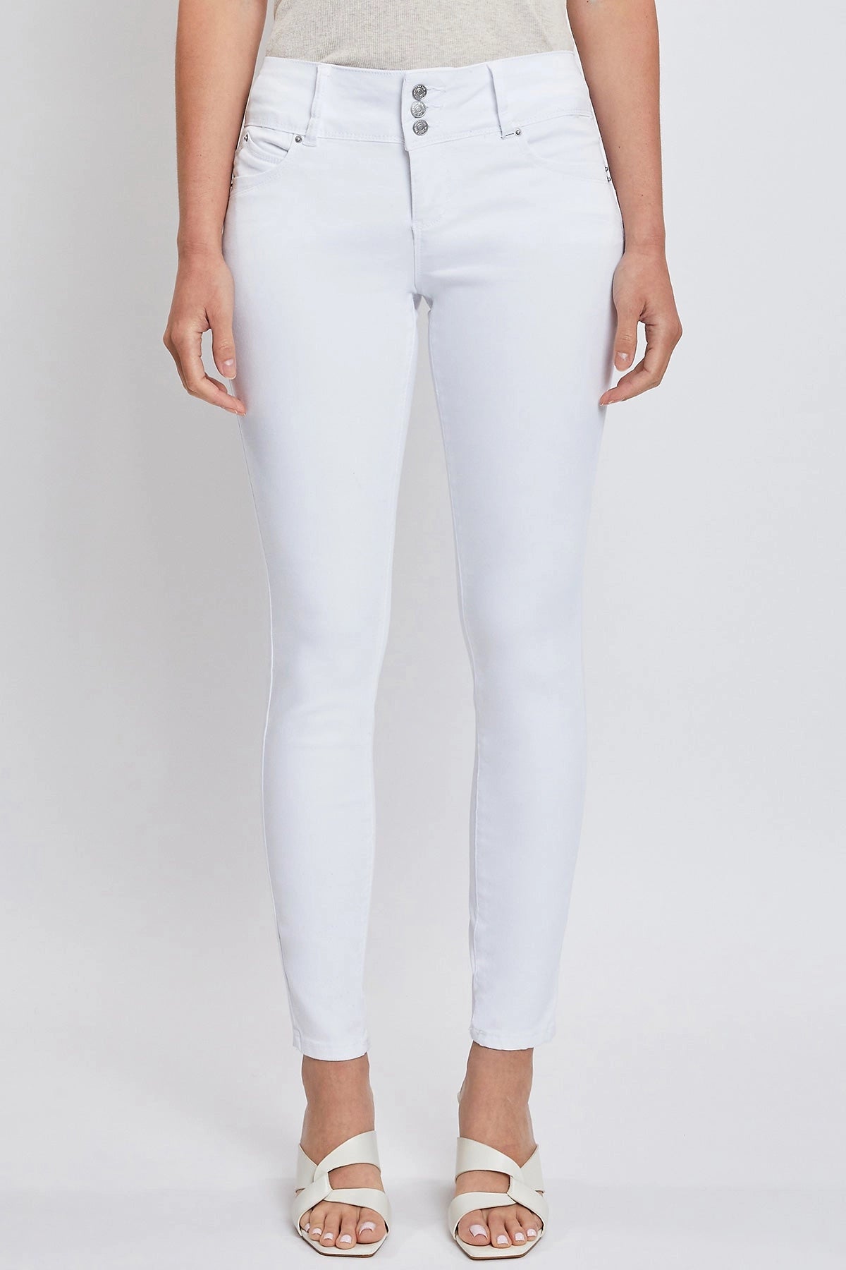 Close-up White High Rise 3-Button Skinny Ankle Jeans