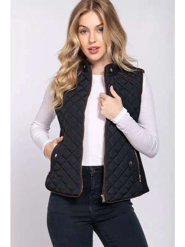 Suede Piping Detail Rib Quilted Padding Vest