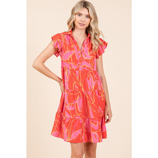 Leaf Print Ruffle Sleeve Mini Dress