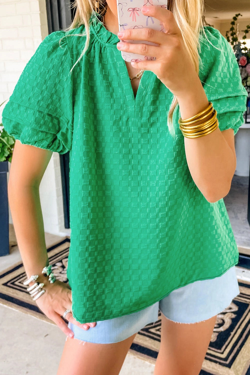 Bright Green Textured Puff Short Sleeve Notched V Neck Blouse