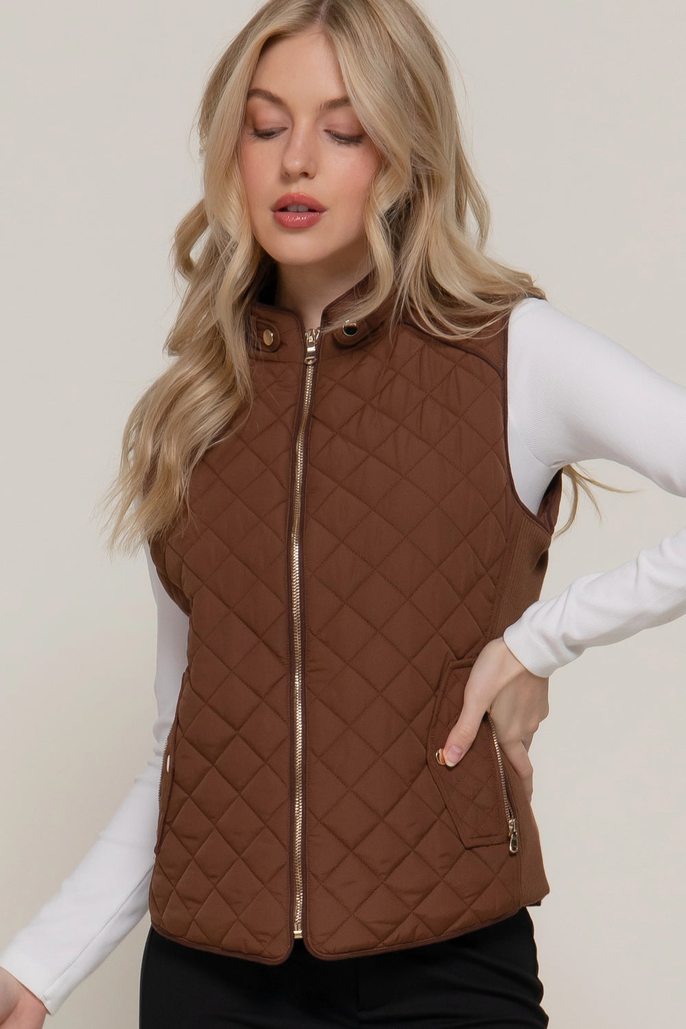 Suede Piping Detail Rib Quilted Padding Vest