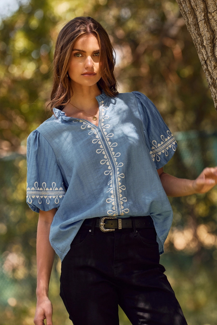 Blue Embroidered Short Bubble Sleeve Blouse 
