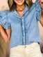 Button Front Denim Ruffle Sleeve