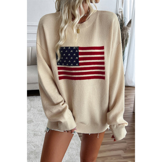Knit Flag Print Loose Neck Sweater