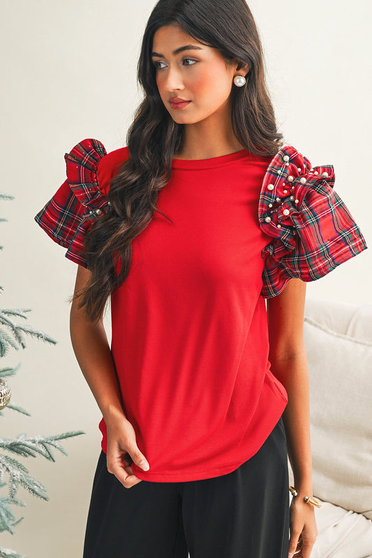 Plaid Pearl Ruffle Top