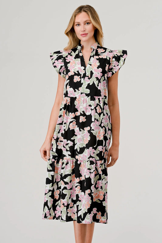 Poplin Floral Print Midi Dress