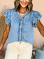 Button Front Denim Ruffle Sleeve