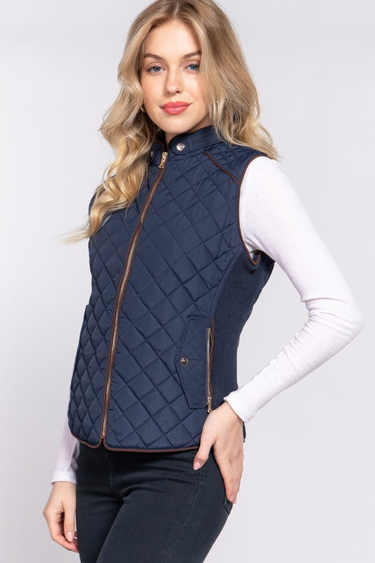 Suede Piping Detail Rib Quilted Padding Vest